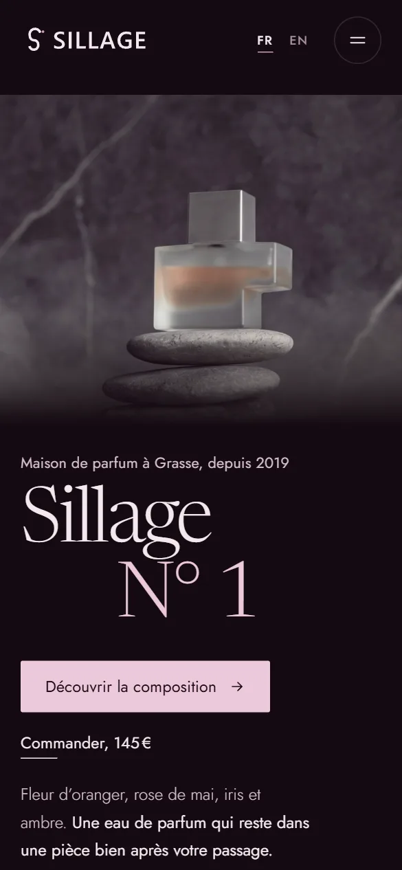 Démo Sillage, une parfumerie, sur téléphone : la page d’accueil